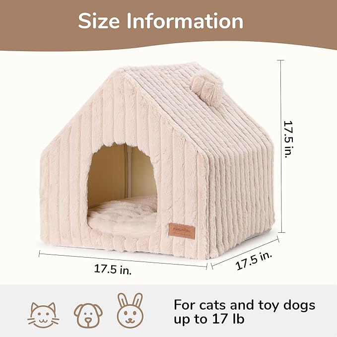 FUKUMARU Cat Houses for Indoor Cats, Washable Cute Cat Bed Cave with Removable Pillow, Large Semi-Enclosed Cozy Dog House Indoor, Soft Faux Rabbit Fur Kitten Bed, 17.5-Inch Cat Hideaway, Pink Grey