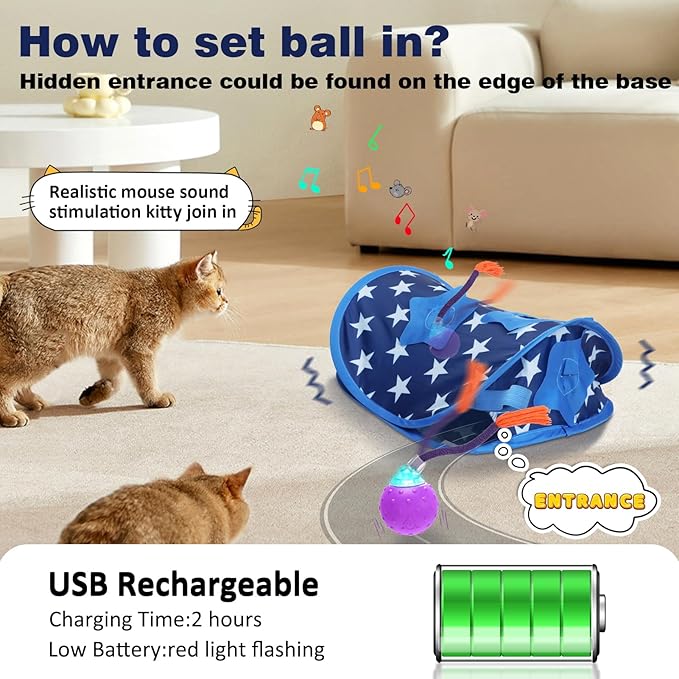 Interactive Cat Toys Hide-and-Seek, Touch to Activate, Quickly Roll in The Brood Bag, Real Mouse Squeaking Sound, The Best Cat Toy for Bored Indoor Cats