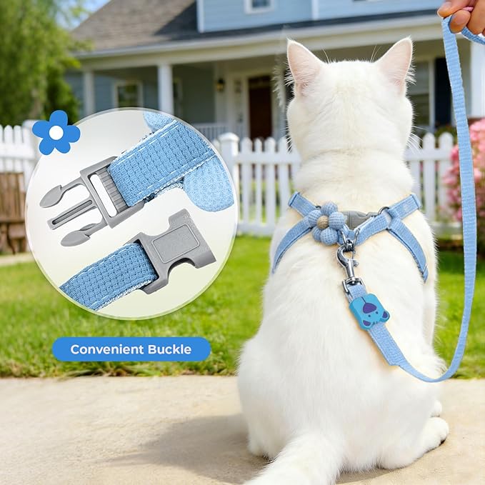 PETCARE Cute Cat Harness and Leash Set, Blue Flower Cat Walking Harness with Bow Tie Cats Leash, Easy Walk Lightweight Step in Cats Harnesses with Buckle (Chest Adjustable 9"-14", Rope Width 0.39")
