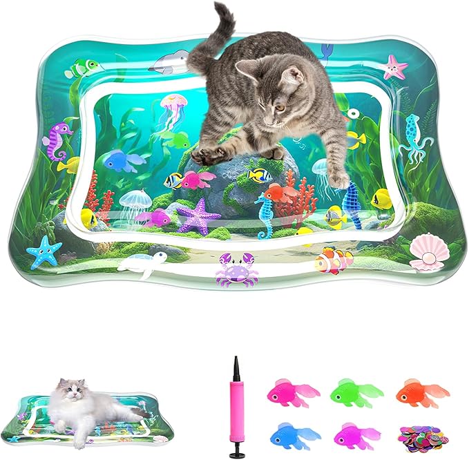 Interactive Cat Toy for indoor Cats, Upgraded Cat Water Mat with Fish, Thickened 0.7mm Cooling & Heating Water Bed Pad, Enrichment Stimulating Water Sensory Play Mat for Bored Adult Kitten Cats