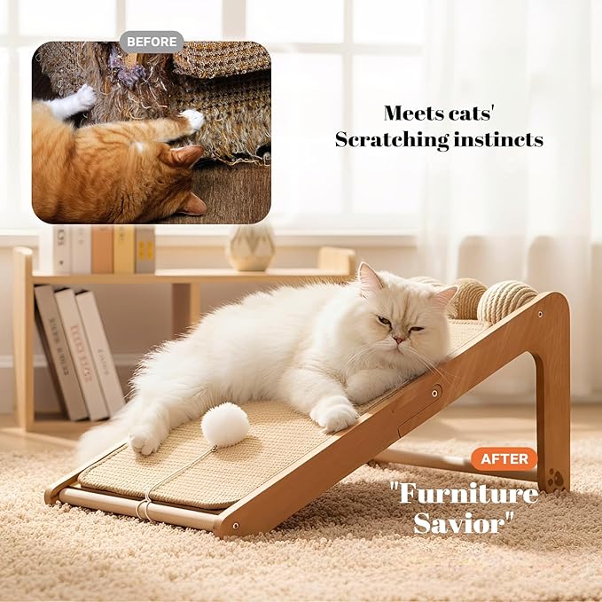 CHEERHOME PETS Sisal Cat Scratcher Ramp with Balls, 24.8" L Shape Cat Scratching Post Climbing Scratch for Indoor Cats, Solid Wooden Cat Furniture(Large)