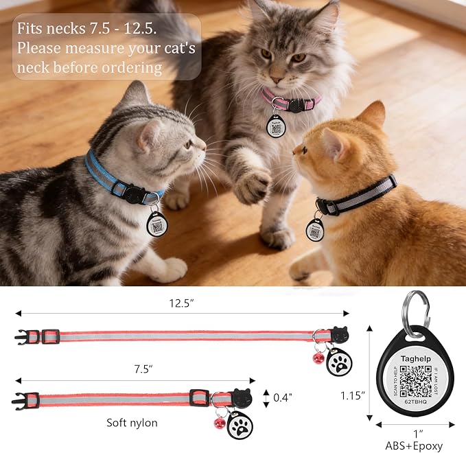 Reflective Cat Collar Breakaway with QR Code Tag for Girl Boy cat Name tag Kitten Collars with Bell Cat ID Tag Personalized Real-time scan alerts,Shareable Pet Profile (Blue)