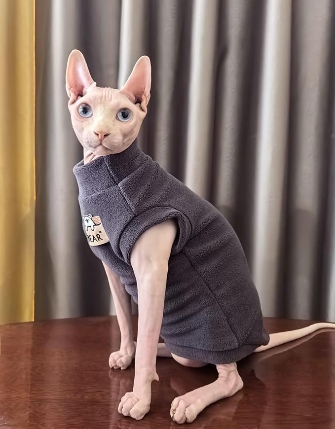 Sphynx Cat Clothes Hairless Cat Warm Fleece Vest Elastic Winter Sweater Outfit, Pet Clothes for Sphynx Cat Coat for Cats and Small Dogs Apparel, Hairless cat Shirts Sweaters (Blue Grey, Large)