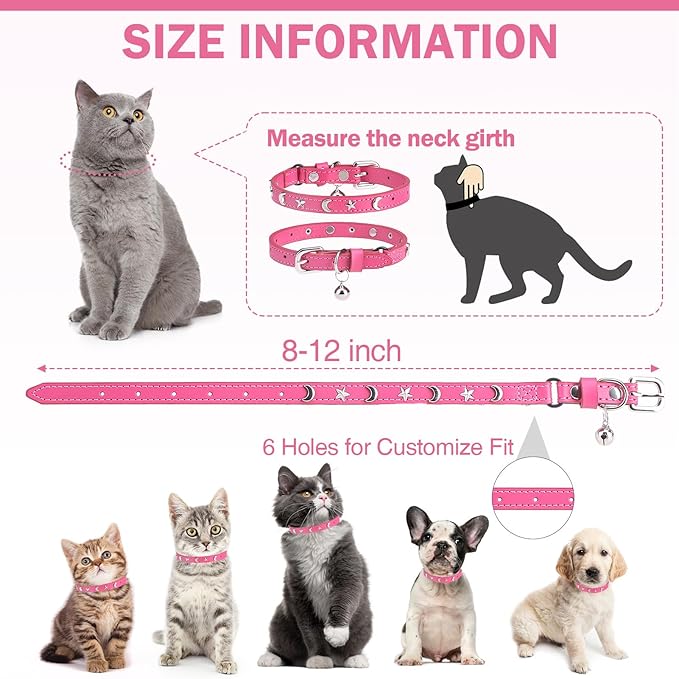 Leather Cat Collars for Boy Girl Cats with Bell and Safety Elastic Belt, Personalized Star and Moon Stud Adjustable Safe Buckle Collar for Kitty Small Big Cats Size 8-12 Inch, Rose