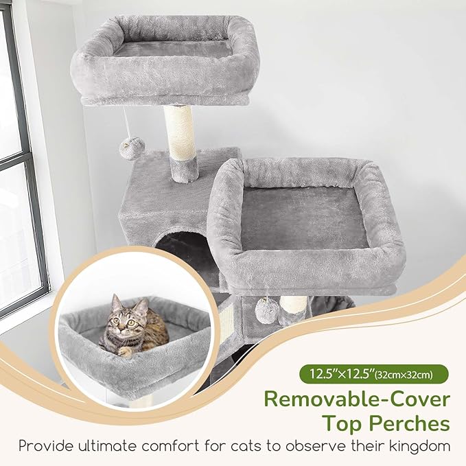 Globlazer 74in Heavy Duty Cat Tree for Large Indoor Cats, Multi-Level Cat Tower with Scratching Post, Cat Condos with Climbing Ladder, Hammock, Extra Large Top Perches, Pet Bed, F74D, Light Grey