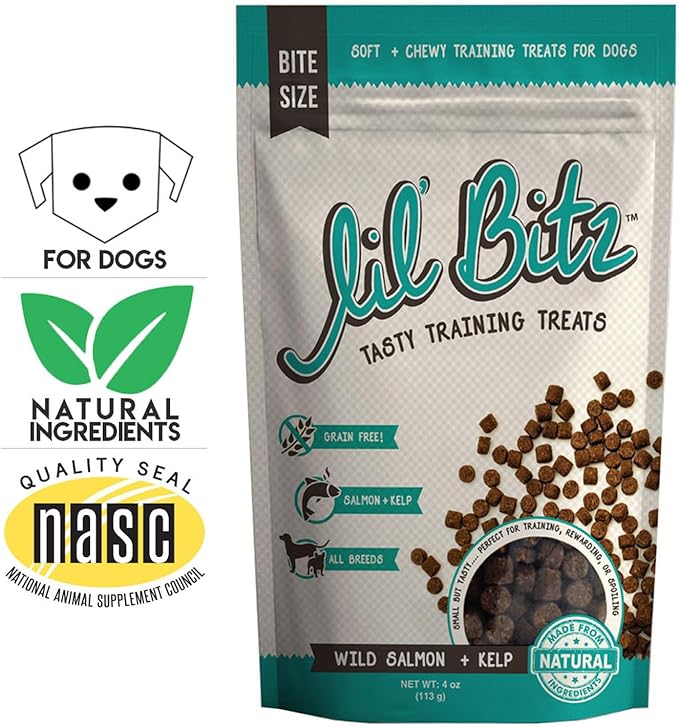 Lil' Bitz Soft & Chewy Training Treats for Dogs, Bite Size Reward Treats for Training & Positive Reinforcement, Grain Free Dog Treats Made with Wild Salmon & Kelp, All Breeds, 6 Pack (4 oz Each)