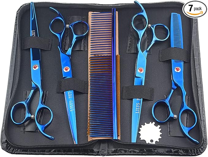 Professional PET DOG Grooming Coated Titanium scissors suit Cutting&Curved&Thinning shears (7.0 inches, Blue)…