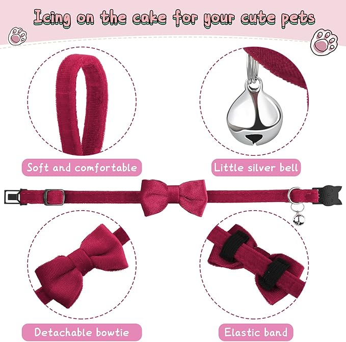 4 Pieces Cat Bow Tie Collar with Bell Breakaway Cat Comfortable Velvet with Cute Safety Pet Collar for Pet Kitten Puppy(Small,Yellow, Green, Rose Red, Blue)