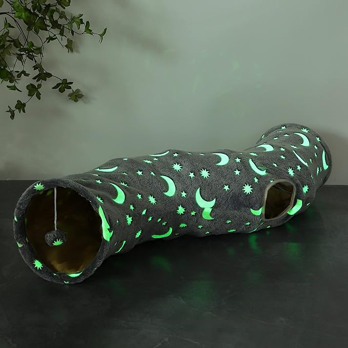 Cat Tunnel Tube with Plush Ball Toys Collapsible Self-Luminous Photoluminescence, for Small Pets Bunny Rabbits, Kittens, Ferrets,Puppy and Dogs Grey Moon Star (S-Shape)
