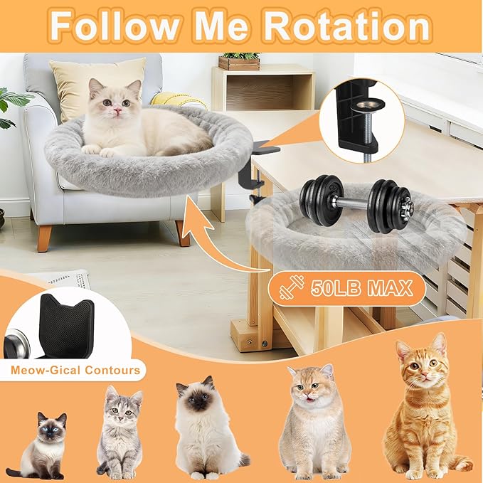 Cat Desk Bed - Ergonomic cat Desk Perch Clamp for Remote Workers - Quality Desktop Suspended Cat's Bed- Rotating Cats Hammock Desk with Removable Cover, Cat Bed Hold UP to 50LBS, Gray