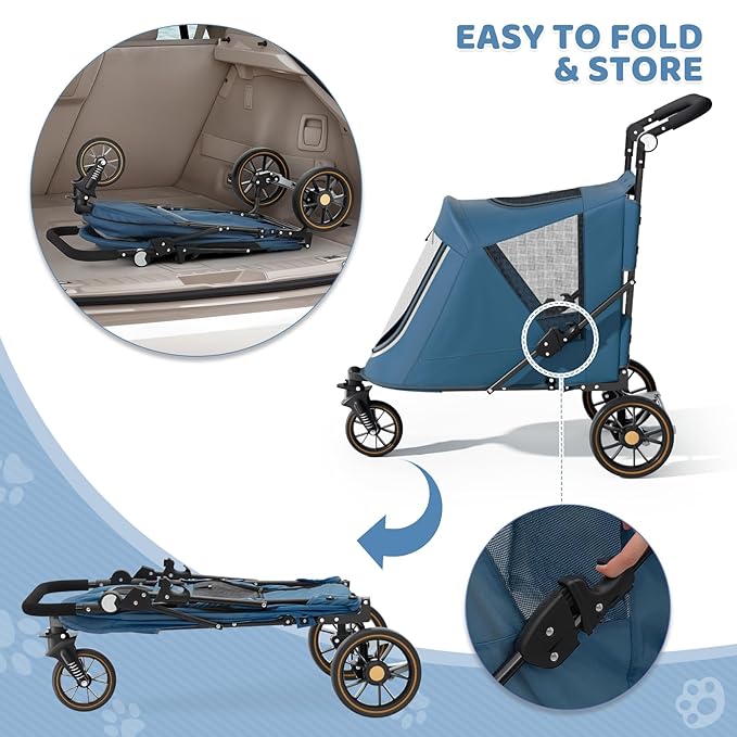 Magshion Pet Stroller for Medium Dogs w/Adjustable Handle, 3-Wheel Dog Cat Wagon w/Dual Entry, Rear Storage, Breathable Mesh, One-Foot Brake, Ideal for Large Pets up to 55 lbs, Navy Blue