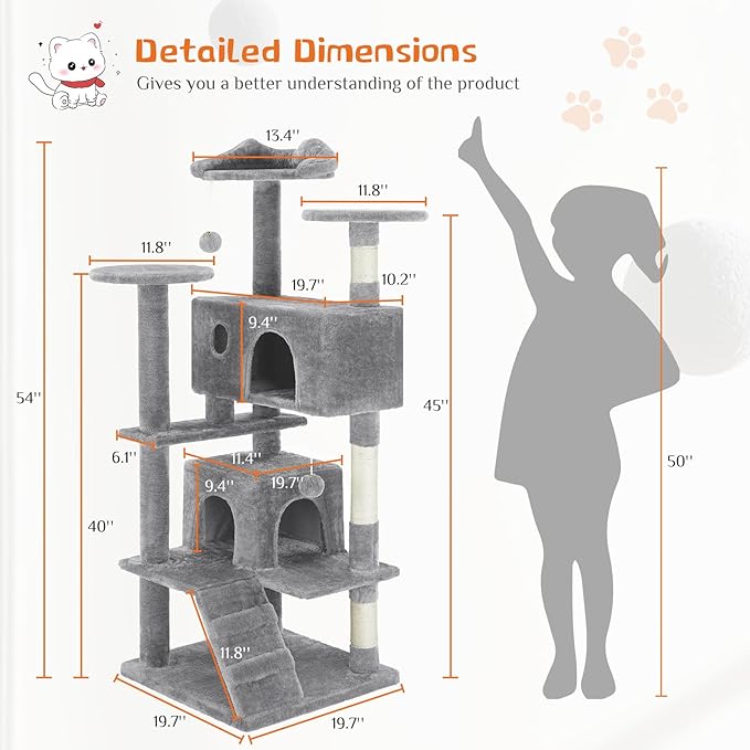 54 Inch Cat Tree, Multi-Level Cat Tower with Condo, Sisal Scratching Posts and Climbing Ladder, Play Toy Balls House for Indoor Cats, Light Grey