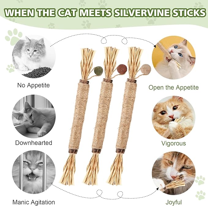 WOUSEDO 7 Pack Silvervine Sticks Cat Toy for Cats with Catnip & Matatabi Ball, Natural Chew Toys for Anxiety Relief & Dental Care, Teeth Cleaning Sticks for Indoor Cats & Kittens