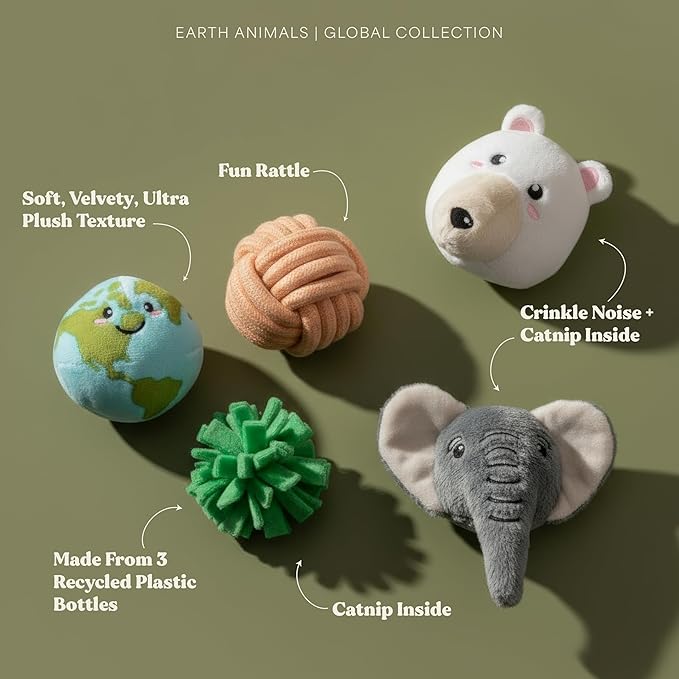 Cat Toys | Plush Earth Animals Stuffed Animal for Cats, Value 5-Pack | Eco Friendly Interactive Cat Toys for Indoor Cats