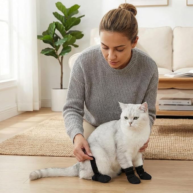 8 Pcs Cat Mittens to Prevent Scratching, Adjustable Shoes for Cats Paw Covers Booties Socks Paws Anti Scratch Non-Slip Mesh Breathable for Pet Kitten Bathing Feeding Cutting Nail Trimming(Gray+Black)