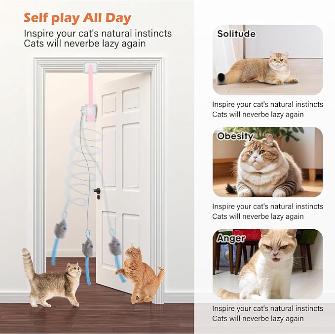 Rechargeable Electric Cat Teaser – Interactive Door Clip Teaser for Cats, 2 Motion Modes (360° Spin & Irregular Jumping), Smart Auto Cat Toy for Exercise & Fun (No Remote)(Pink)