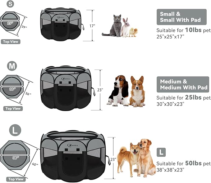 Pink Puppy Playpen for Middle Dog Cat, Dogs Tent Crate Cage Indoor/Outdoor, Portable Pop Up Dog Kennel with Carrying Bag for Rabbits, Removable Top (Dark Grey with Pad, Medium)