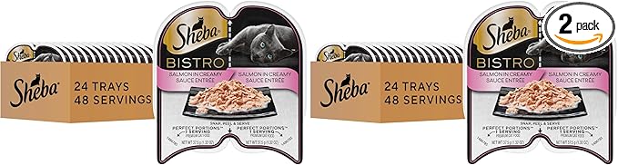 Sheba Perfect Portions Bistro Adult Wet Cat Food,Salmon in Creamy Sauce Entree,Cat Food Wet Recipe,2.6 oz. Twin-Package Trays (,48 Servings),24 Count (Pack of 2)