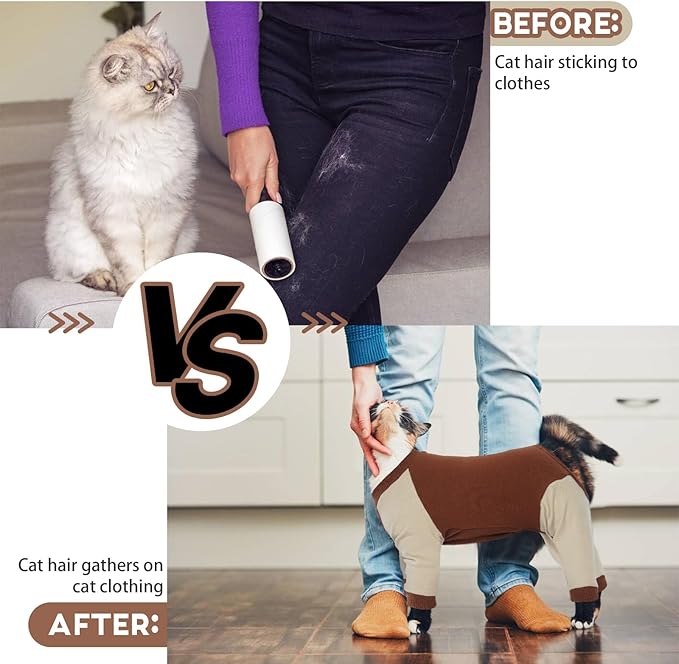 QBLEEV Sticky Hair Cat Clothes, Soft Cat Pajamas for Cats Only, Prevent Lost Fur Kitten Sweater Onesie, Stretchy Recovery Suit for Female Male Cats After Surgery Daily Wear, Brown, XXL