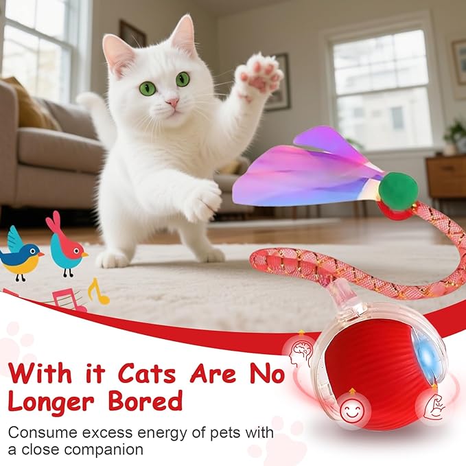 2PCS Interactive Cat Toys Smart Ball for Cats and Dogs, 360° Automatic Rolling Chase, 2 Rapid-Action Tails, Designed for Indoor pet Exercise, Boredom Relief, and Fun Chase Play.（Red＆Blue）