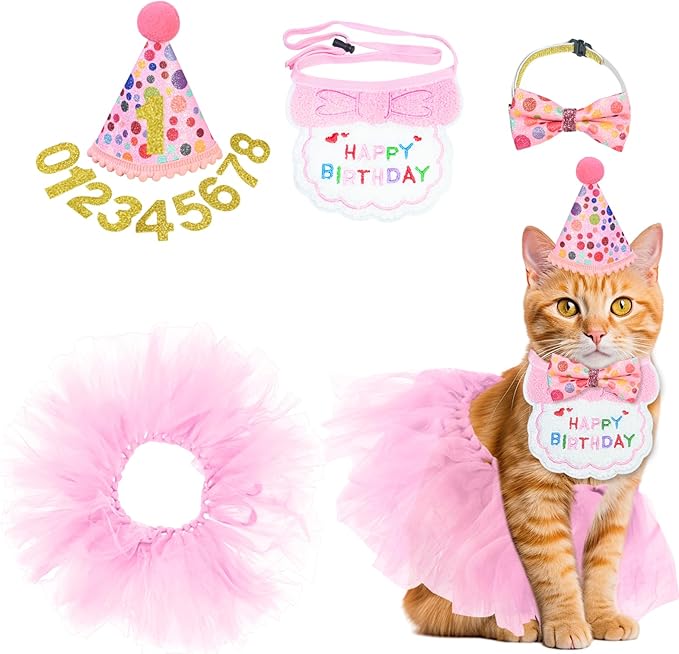 5Pcs Cat Birthday Decorations, Adjustable Cat Birthday Hat Bandana Tutu Skirt Collar Bow & 9 Number Stickers 0-8, Kitten Costume Outfit Decorations for Anniversary of Birth, Small Dog Friendly (Pink)