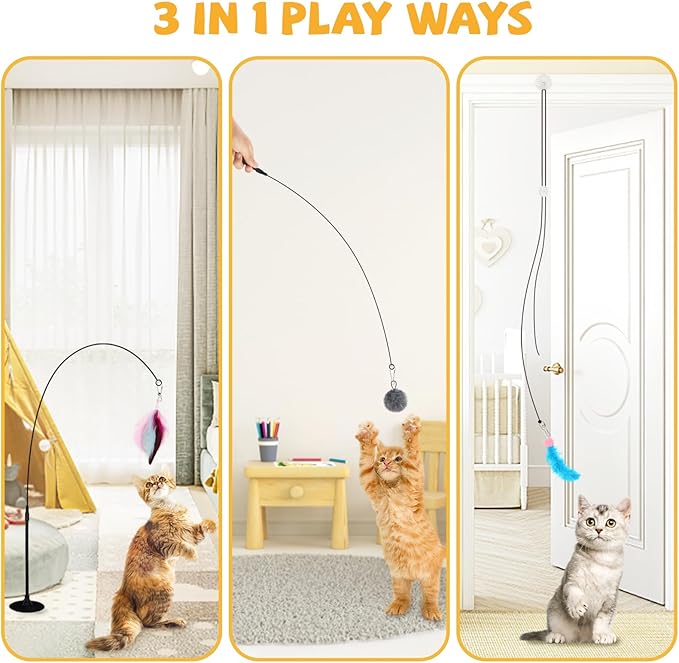 QUOZUO Cat Toys Replacement Cat Toy Wand Refills, 12 Pcs Cat Feathers Refill, Cat Toy Mouse Cat Wand Refill Attachments for Indoor Cats