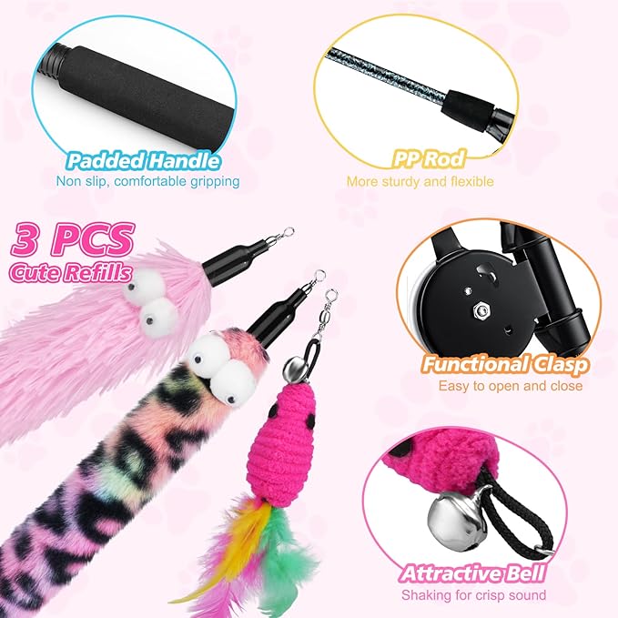 Pawaboo Cat Teaser Wand Toys, Cat Fishing Pole Toy with 3 Pack Feather Refills, 3-Section Retractable Kitten Feather Toys with Pulley, Indoor Cats Teaser Catcher Exerciser with Bell, Rose Red + Pink