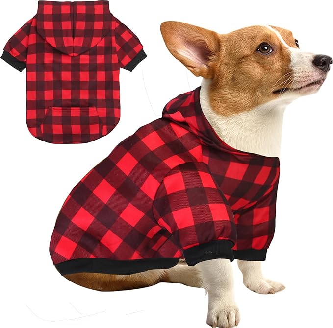 Plaid Dog Sweaters Hoodies Sweatshirts for Dogs Cats, Warm and Soft Cold Weater Coats for Christmas (Red, X-Small)