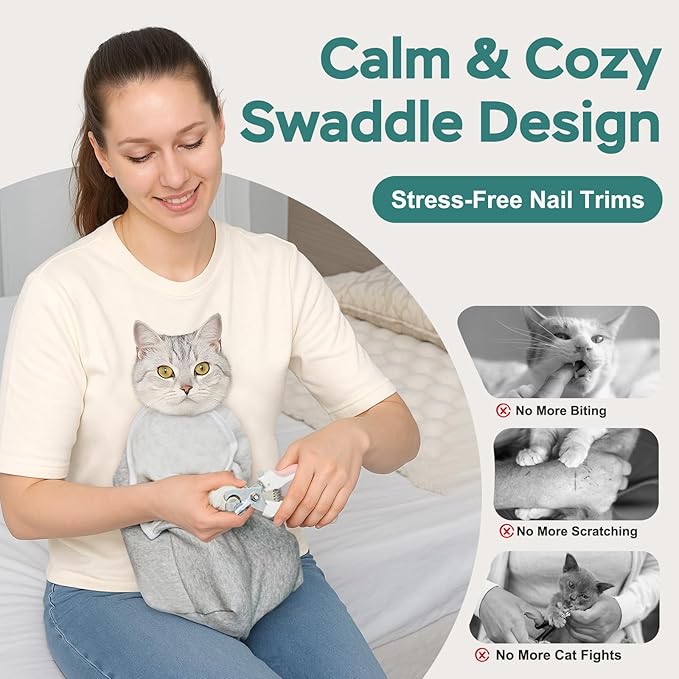Self-Adhesive Cat Grooming Wrap, Cozy Cat Wrap for Cutting Nails, Breathable Anti-Scratch Cats Swaddle Bag for Brushing, Ear Cleaning, Dental Care, Medication, Injections,Grey L