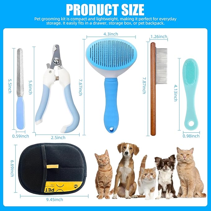 Aglads 12PCS Dog Cat Rabbit Grooming Kit,Self-Cleaning Slicker Brush,Nail Clipper File,Tear Mark Brush,KnotRemover Comb,Hair Glove,Flat Cut,Hair Scissor,Flea Comb,Bath Brush,Towel,Travel Bag(12, blue)