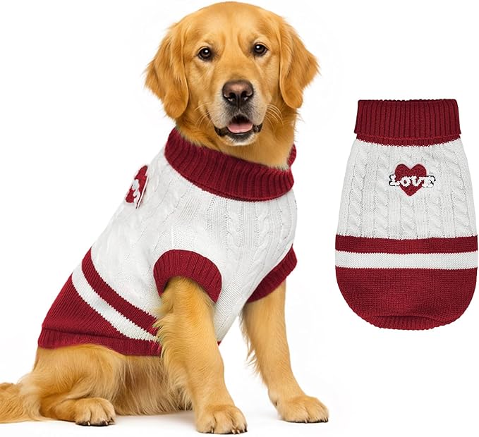 Dog Sweater Knitted for Small to Large Dogs Boy Girl, Classic Turtleneck Dog Christmas Sweaters, Warm & Soft Pet Clothes for Winter (Love Red, 2XL)