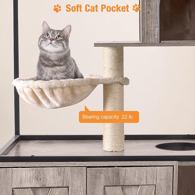 Cat Litter Box Enclosure,Hidden Litter Box Furniture with Metal Frame,Wooden Kitty House with Barn Door,Wooden Cat Washroom Furniture,Fit Most of Litter Box (Grey, M)