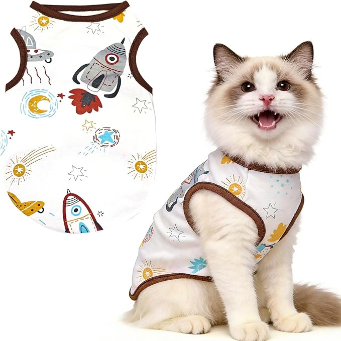 PETCARE Cute Cartoon Cat Shirts for Cats Only Soft Cotton Tshirts Brown Spaceship Cat Clothes for Cats Only Female Male Small Breeds Pet Pajamas Sleeveless Pet Tank Top Spring Summer Kitten Clothes