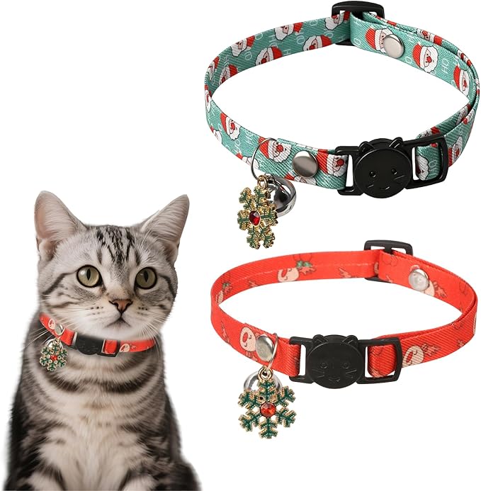 Christmas Cat Collar Breakaway 2 Pack, Cat Collar with Bell & Charms, Adjustable Kitten Cute Christmas Themed Safety Collar for Boys and Girls