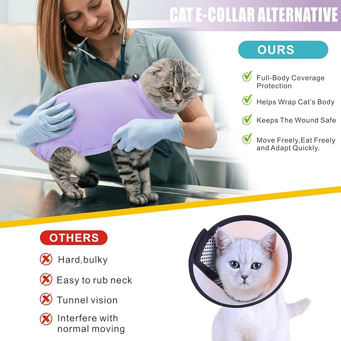 Idepet Cat Surgery Recovery Suit Kitten Onesie for Cats After Surgery Female Breathable Kitty Spay Suit for Abdominal Wound Skin Diseases E-Collar Alternative Wear(Purple,S)