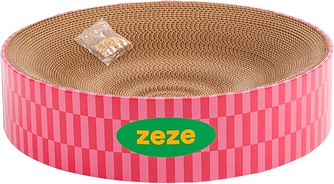 ZEZE Round Cat Scratcher Bed — Durable Corrugated Cardboard Cat Lounge, Scratch & Sleep Bowl Shape Cat Bed, Cozy Curved Design, Minimal Mess, Sturdy Edge Support (Retro Sweetheart)