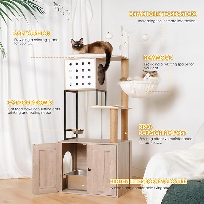 Modern Cat Tree Condo Tower Cat House Washroom Furniture Litter Box Enclosure with Scratching Posts, Hammock, Feeding Bowl & Removable Pompom Sticks, White+Gray (23.60" Lx17.70 Wx63.00 H)