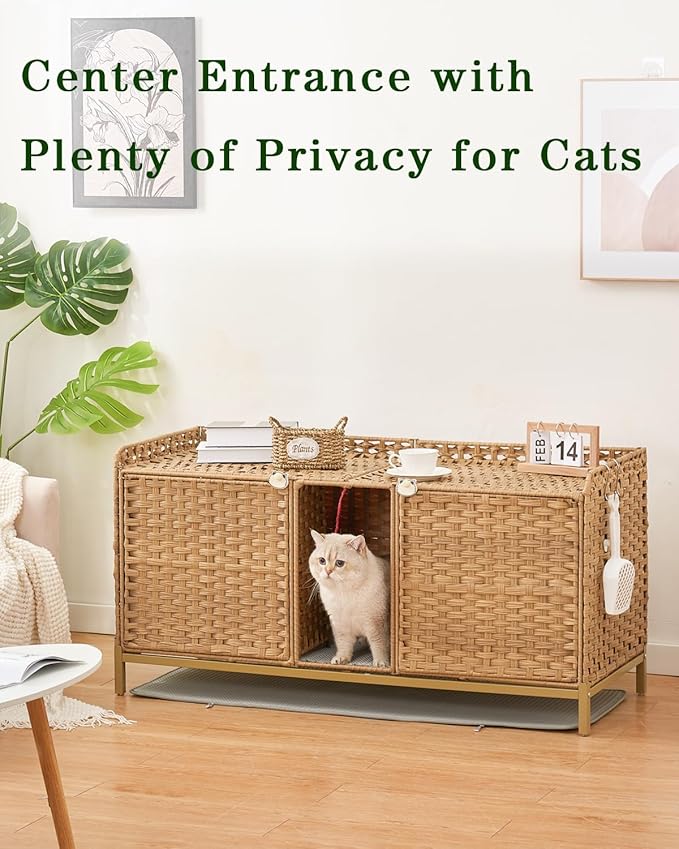 SETVSON Cat Litter Box Enclosure for 2 Cats, Hidden Litter Box Furniture with Mat, Large Rattan Cat House with Double Room and Door, 47.3 L x 19.7 W x 24 H, 2 S-Shaped Hooks for Living Room Natural