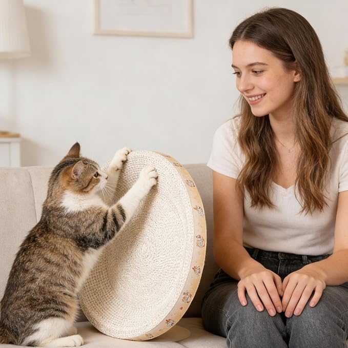 Cardboard Cat Scratcher - Protects Furniture & Soothes Your Cat | Oval/Round Scratching Pad with Non-Slip Bottom | for Indoor, Apartments, Living Rooms, Durable Cardboard, Cats Bed & Toy