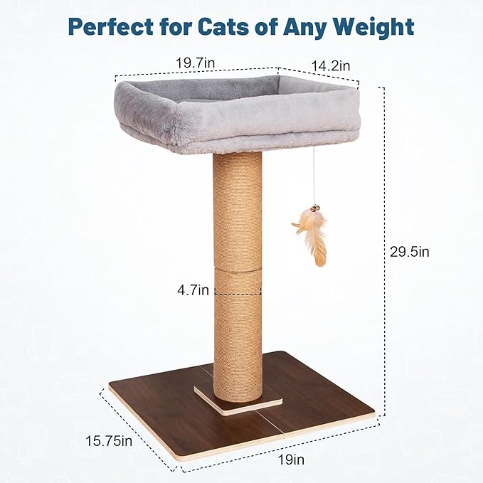 Cat Scratching Post, Retro-Style Tall Cat Scratcher Tower with Removable Gray Fluffy Cusion Perch, Natural Pine & Sisal Cat Scratcher for Indoor Cats, Large