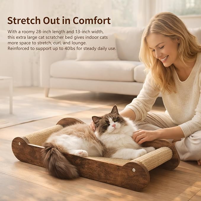 Upgraded Sisal Cat Scratcher Bed，28" Cozy Cat Couch Lounger for Indoor Cats, Long Heavy Duty Scratch Pad for Big Cats up to 40lbs, Modern Furniture Protector