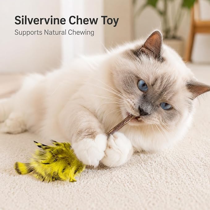 Silvervine Feather Cat Toys, 3 Pack Natural Matatabi Chew Toys for Indoor Cats, 8" Handmade Cat Toy for Chewing & Independent Play, Quiet Indoor Floor Play