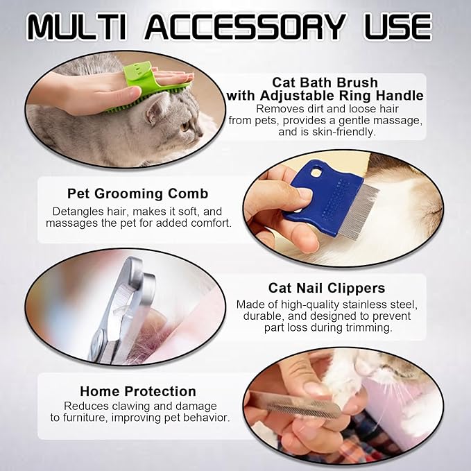Cat Mesh Bathing Bag, Adjustable Cat Bath Bag with Nail Clipper, Bath Brush, Nail File & Comb, Anti-Scratch Shower Bag for Pet Grooming, Bathing & Restraint, Durable Washing Bag for Cats