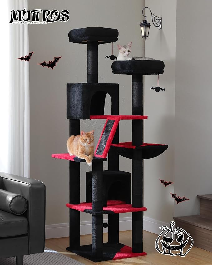 MUTTROS Gothic Cat Tree for Large Cats, 70.9" Tall Black Cat Tower with Coffin Bed, Cat Condo, Sisal Scratching Posts & Top Perch, Spider Hanging Ball, Multi-Level Spooky Cat Tree, Halloween, Black