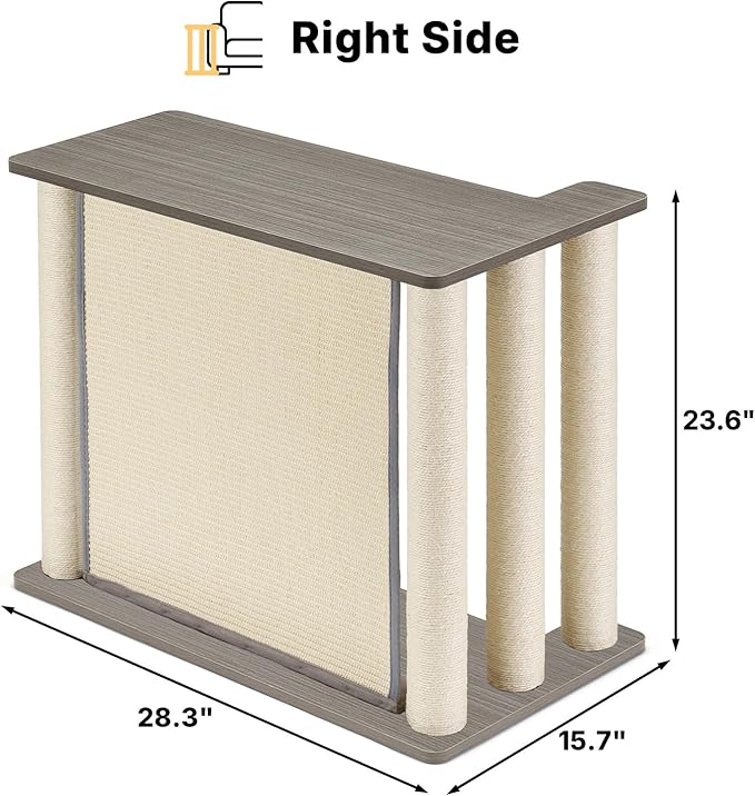 Veehoo Couch Protector from Cat Claws, Couch End Table with Cat Scratch Panel and Scratching Posts, Pet Corner Sofa Side Table Scratcher, Gray, Right