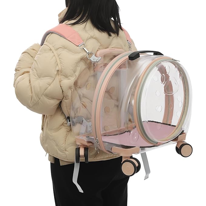 Pet Carrier with Wheels, Transparent Hard Breathable Pet Carrier with Ventilation Holes Telescopic Handle Multiple Carrying Strollers for Cats Dogs (Pink)