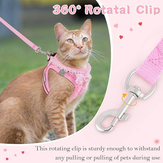 Cat Harness and Leash Set,Escape Proof Adjustable Kitten Harness with Cute Pink Bow,Breathable Reflective Strips Harness for Kitty Puppy Bunny for Walk Travel and Indoor Use (Pink XS)