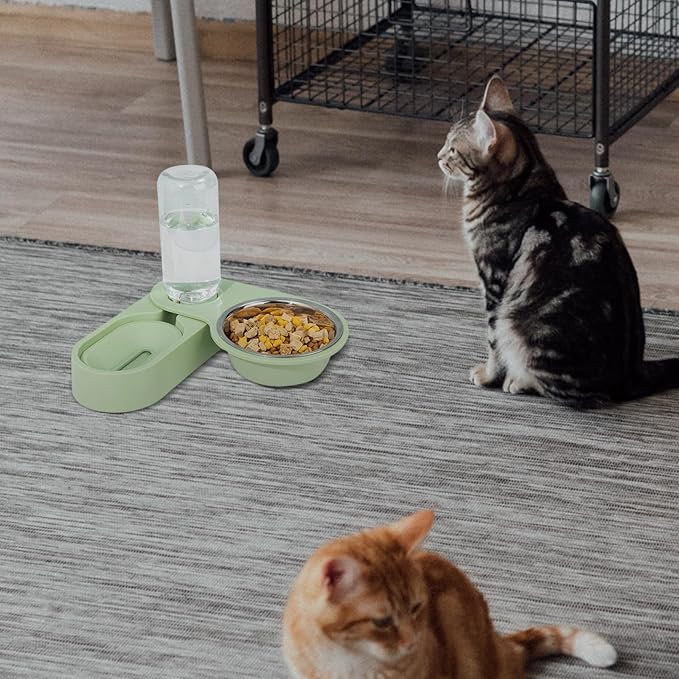 Toyvian Stainless Steel Double Cat Bowl Rotatable Corner Foldable Pet Feeder with Green Bowls for Indoor Cat Feeding and Watering
