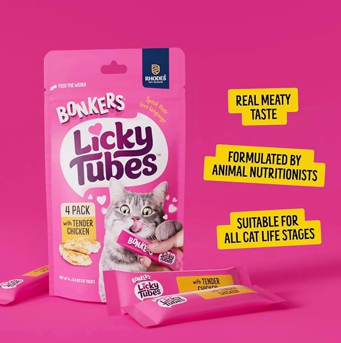 Bonkers Licky Tubes, Wet Lickable Tube Tender Chicken Flavor Cat Treats, Real Meat, Training or Food Topper 2 Pak (8 Tubes) Plus 1 Cat Pom Pom Balls Toy - Product Packaging May Vary
