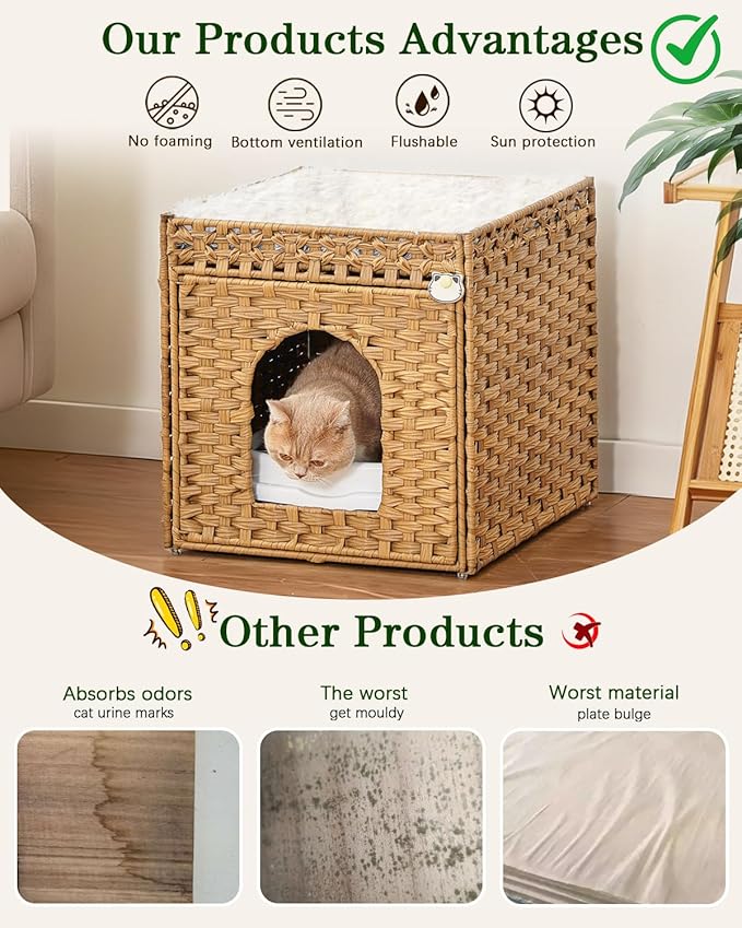 SETVSON Cat Litter Box Enclosure Furniture with One Cat Bed Pad, Hidden Litter Box Handwoven Rattan Cat House with Two S-Shaped Hooks for Living Room, Bedroom, 18.5 x 20.5 x 19.1 Inch,Natural